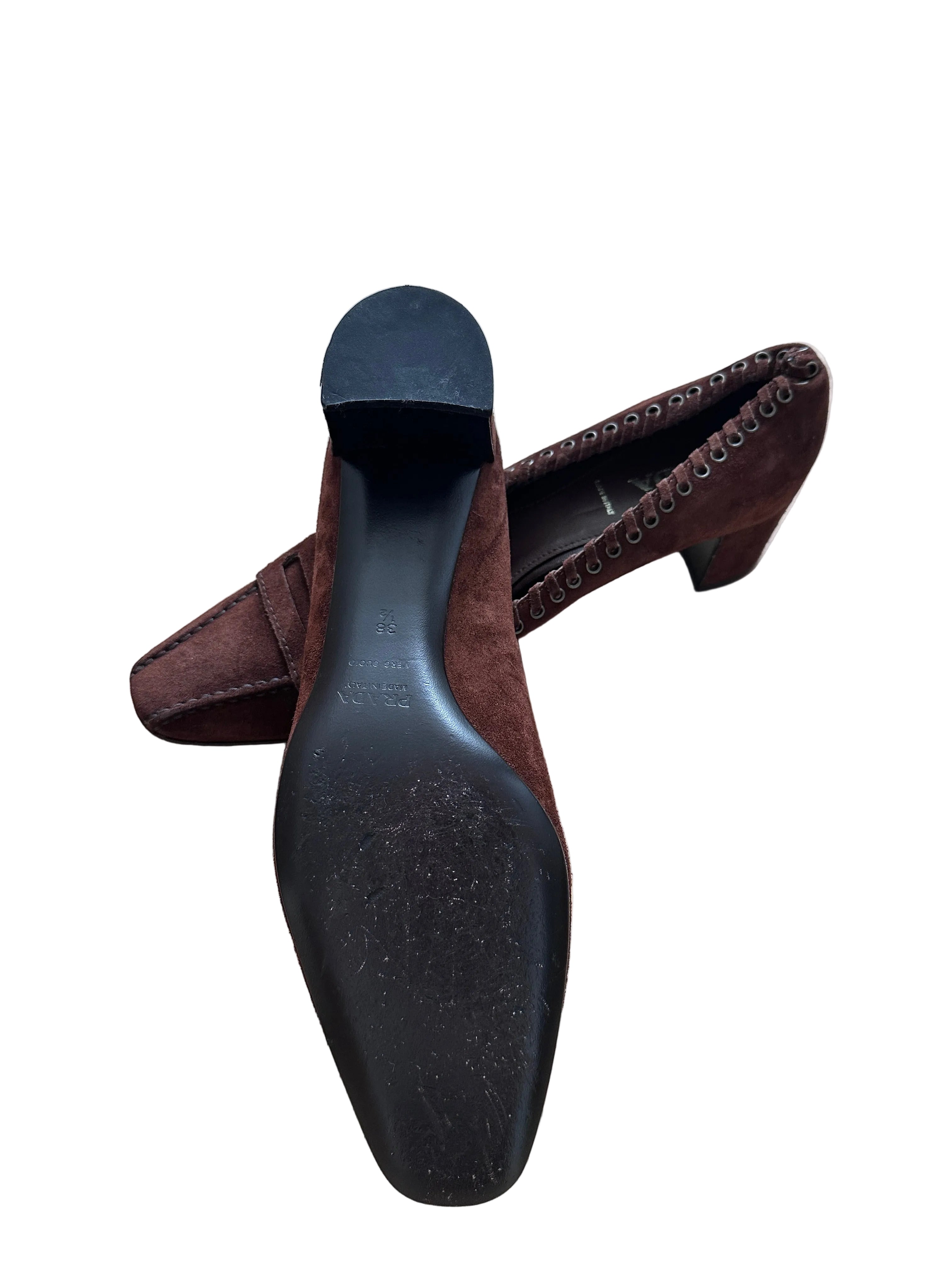 Prada Brown Suede Whipstitch Loafer Pumps - Late 90s/early 2000s