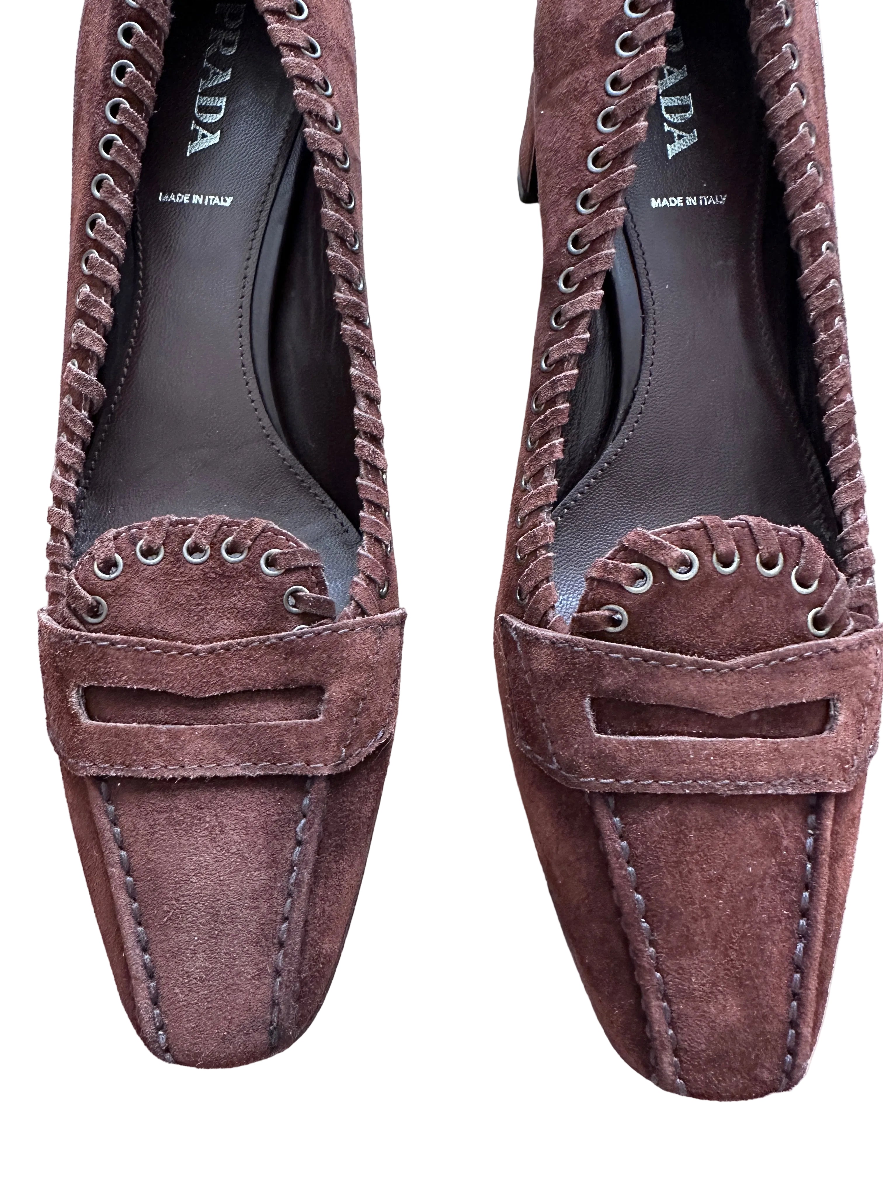 Prada Brown Suede Whipstitch Loafer Pumps - Late 90s/early 2000s