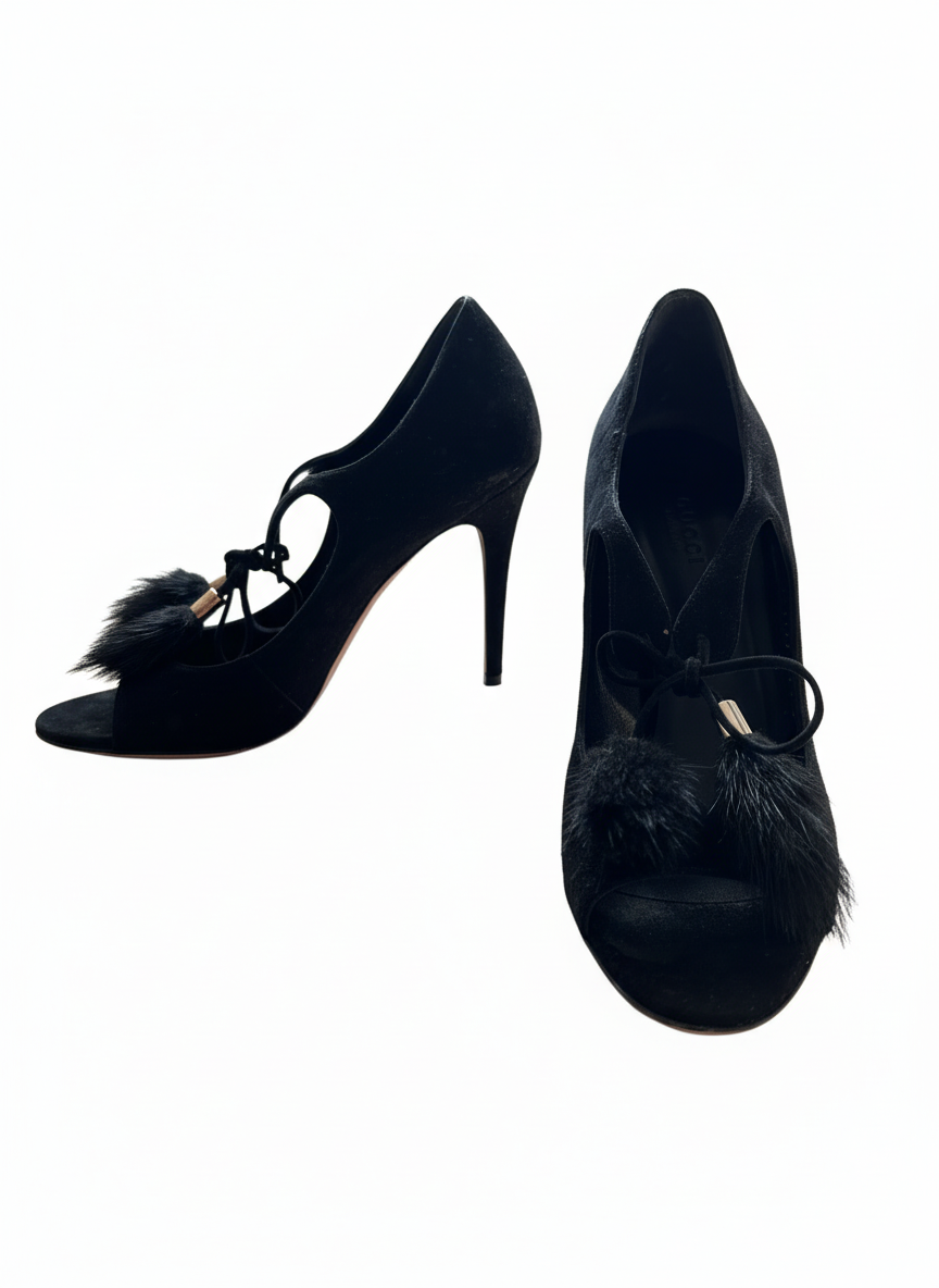 GUCCI Tom Ford Era (early 2000s) Black Suede Fur Tassel Peep-Toe Heels