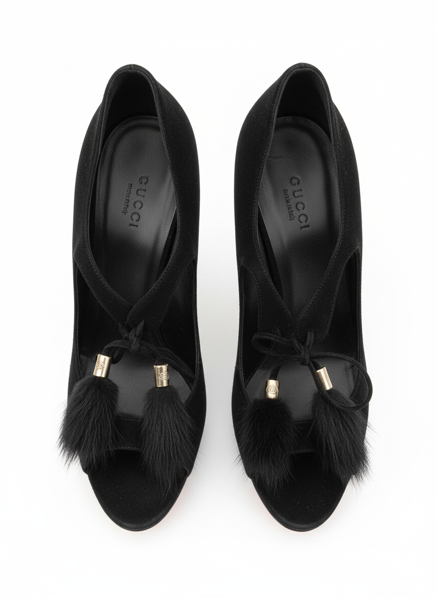 GUCCI Tom Ford Era (early 2000s) Black Suede Fur Tassel Peep-Toe Heels