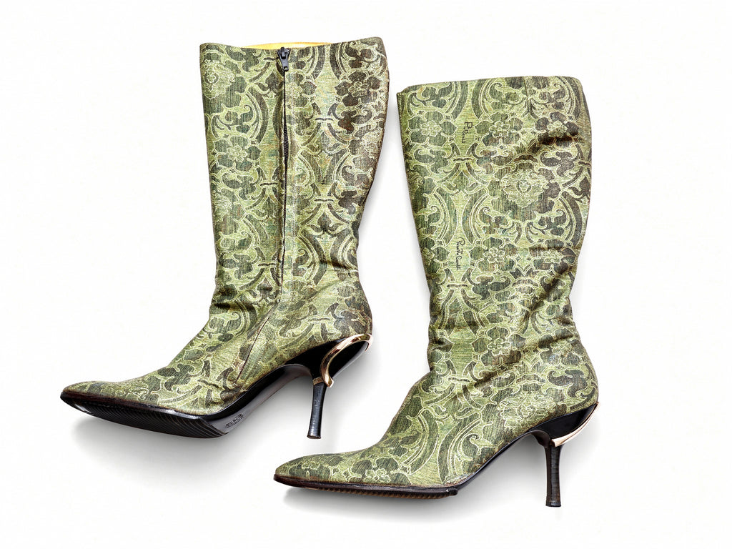 Roberto Cavalli Early-2000s Gold Baroque Brocade Boots
