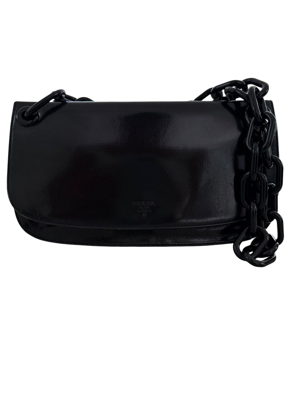 Vintage Prada Nero Spazzolato Leather Chain Shoulder Bag
