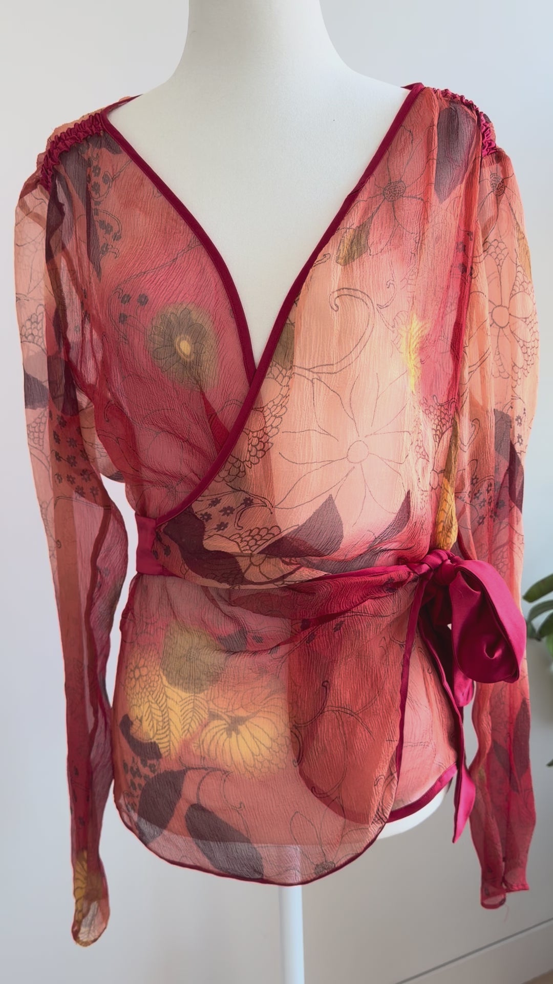 Y2K Max Mara Studio Silk Wrap Blouse Sheer Floral Tie Top